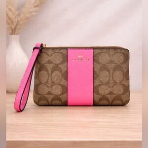 Coach Signature Canvas Pink Stripe Wristlet Pouch NWOT